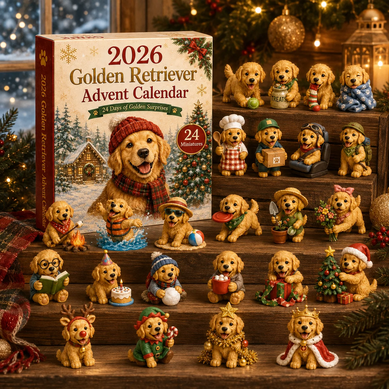 Golden Retriever Advent Calendar displayed on Christmas wooden shelves