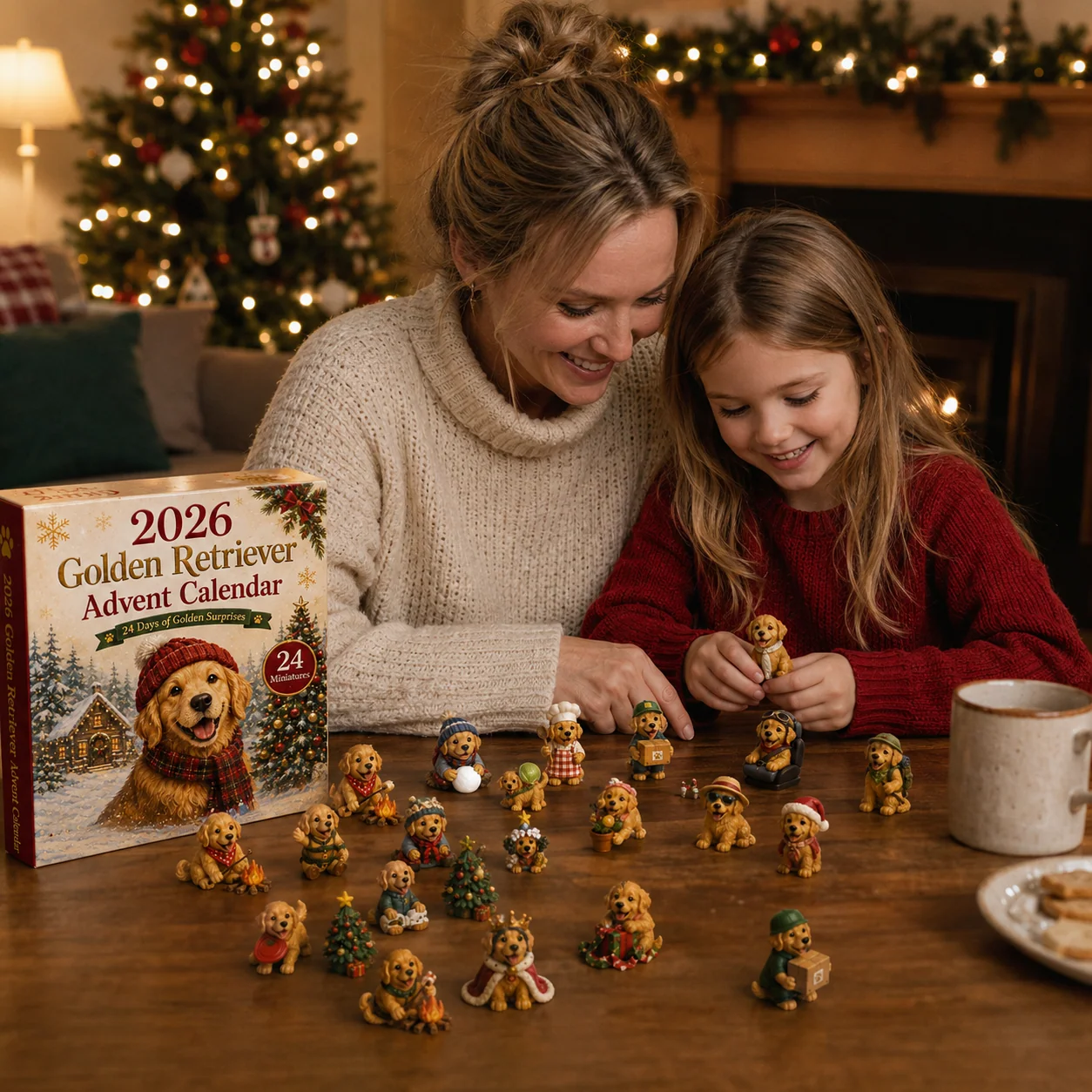 Mother and daughter enjoying Golden Retriever Advent Calendar