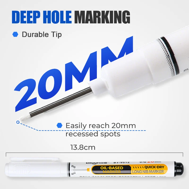 Marker with 20 millimeter extended precision tip for narrow gaps and recessed holes