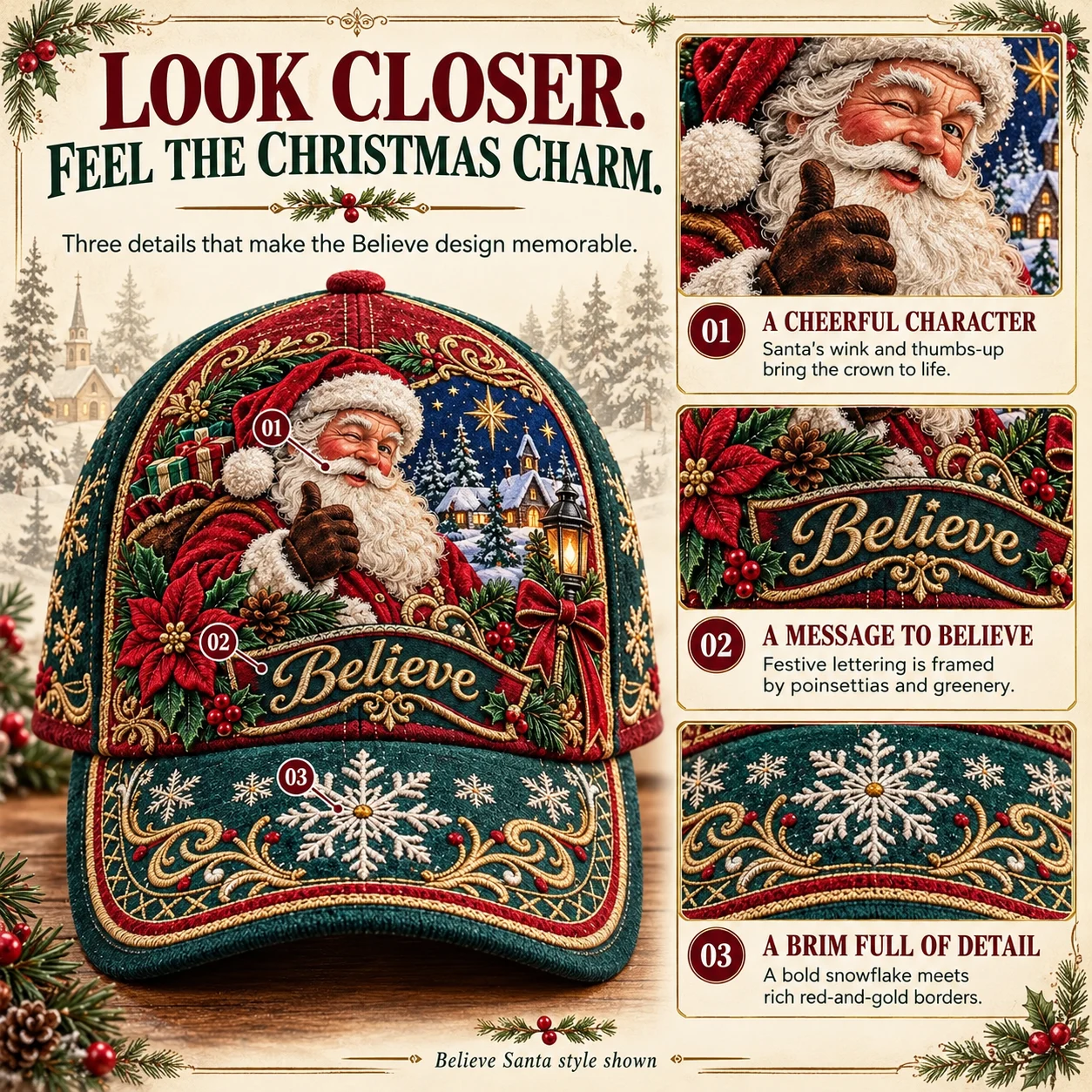 Product detail image highlighting Santa Believe artwork and snowflake brim details