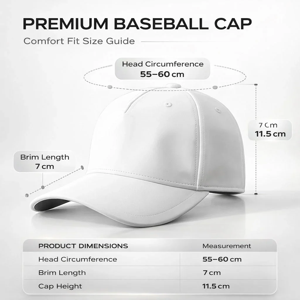 Product gallery size guide showing 55–60 cm head circumference, 7 cm brim and 11.5 cm cap height