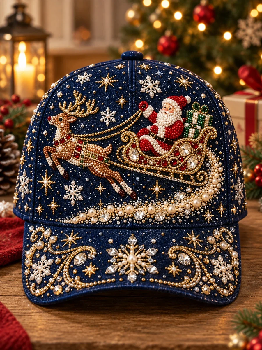 Reindeer-drawn sleigh Christmas baseball cap design