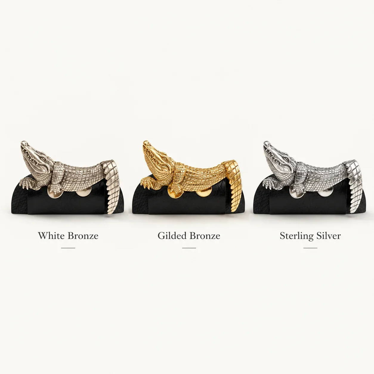 Sculptural alligator metal pocket square detail