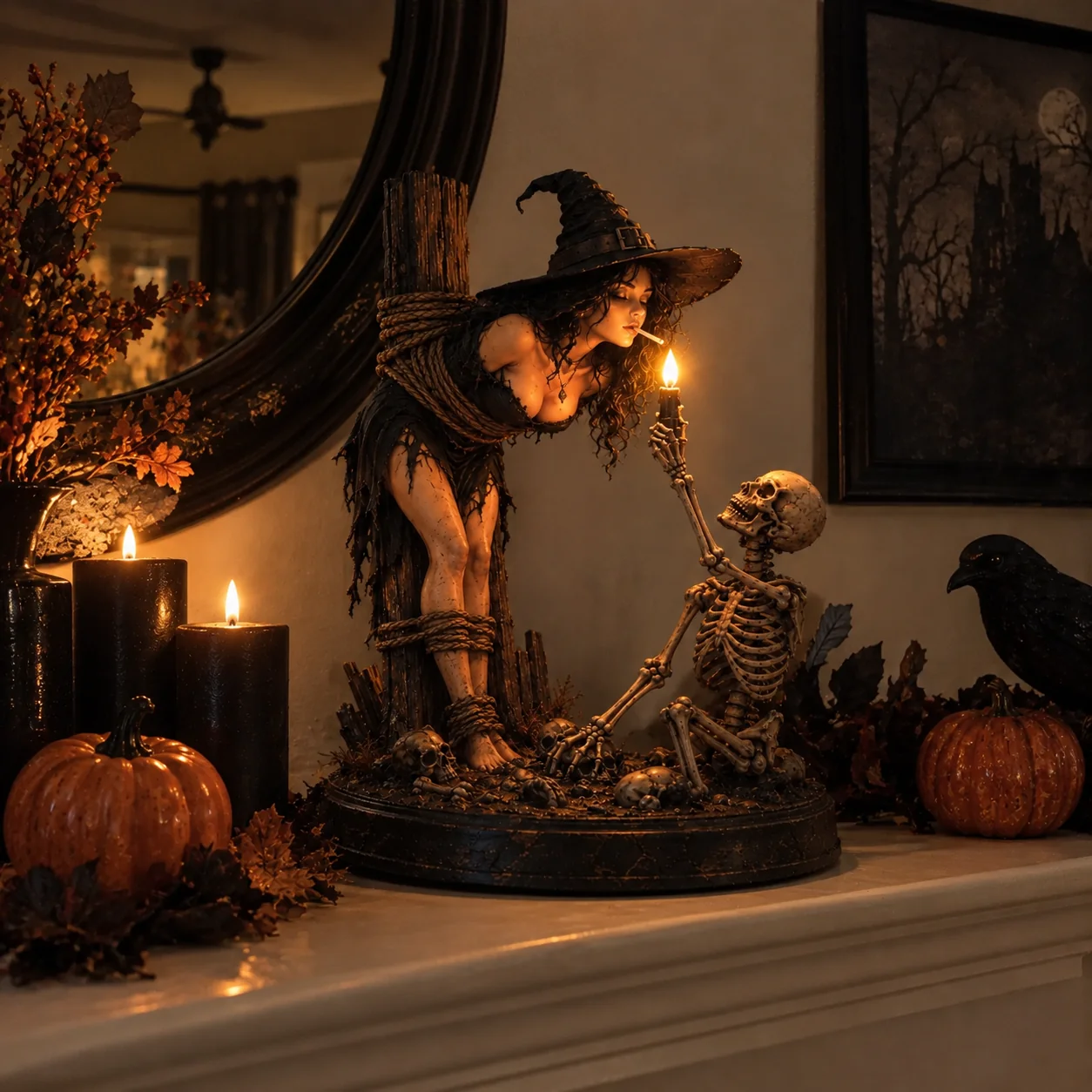 Customer entryway Halloween witch skeleton display