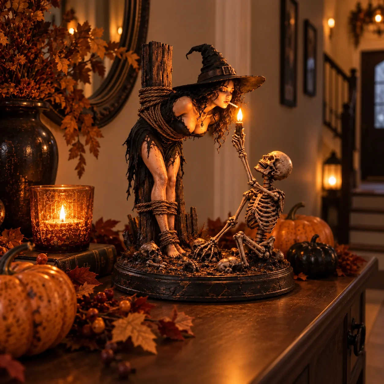 Customer Halloween mantel with witch skeleton figurine