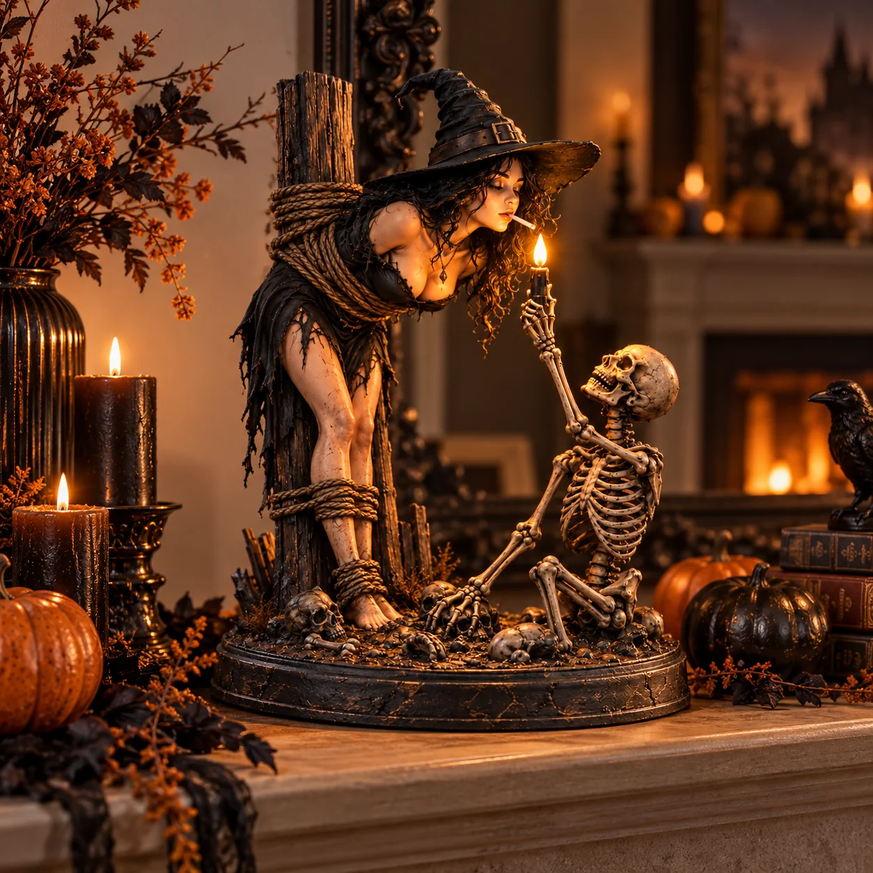 Witch and Skeleton Gothic Halloween Tabletop Figurine