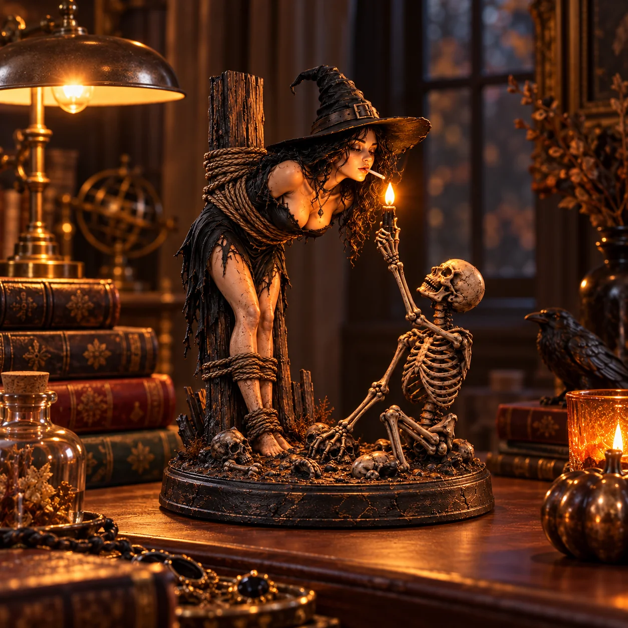 Gothic witch and skeleton Halloween shelf decor