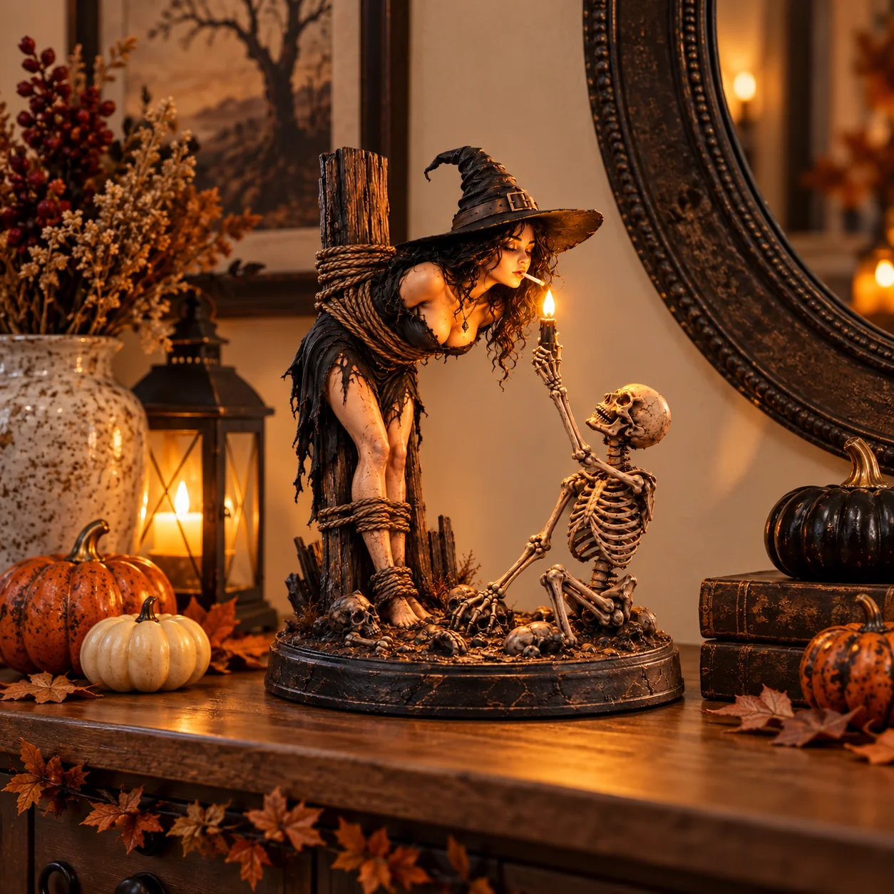 Witch skeleton figurine styled with pumpkins and Halloween decor