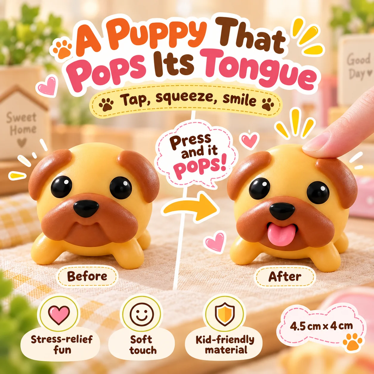 Cute tongue-popping puppy gift on a cozy blanket