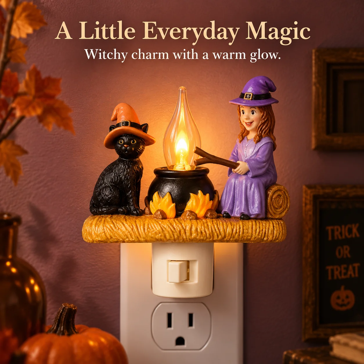 Witch black cat autumn plug-in night light