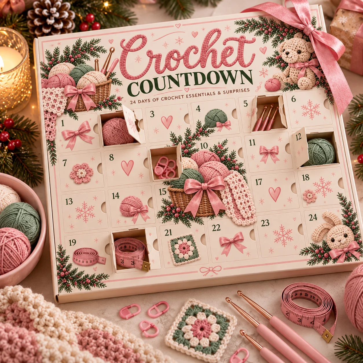 Pink vintage Christmas Crochet Advent Calendar gift box