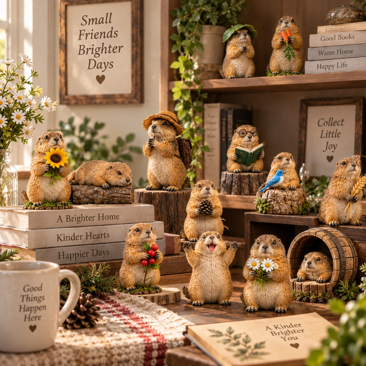 Prairie dog collectibles displayed on a desk and bookshelf