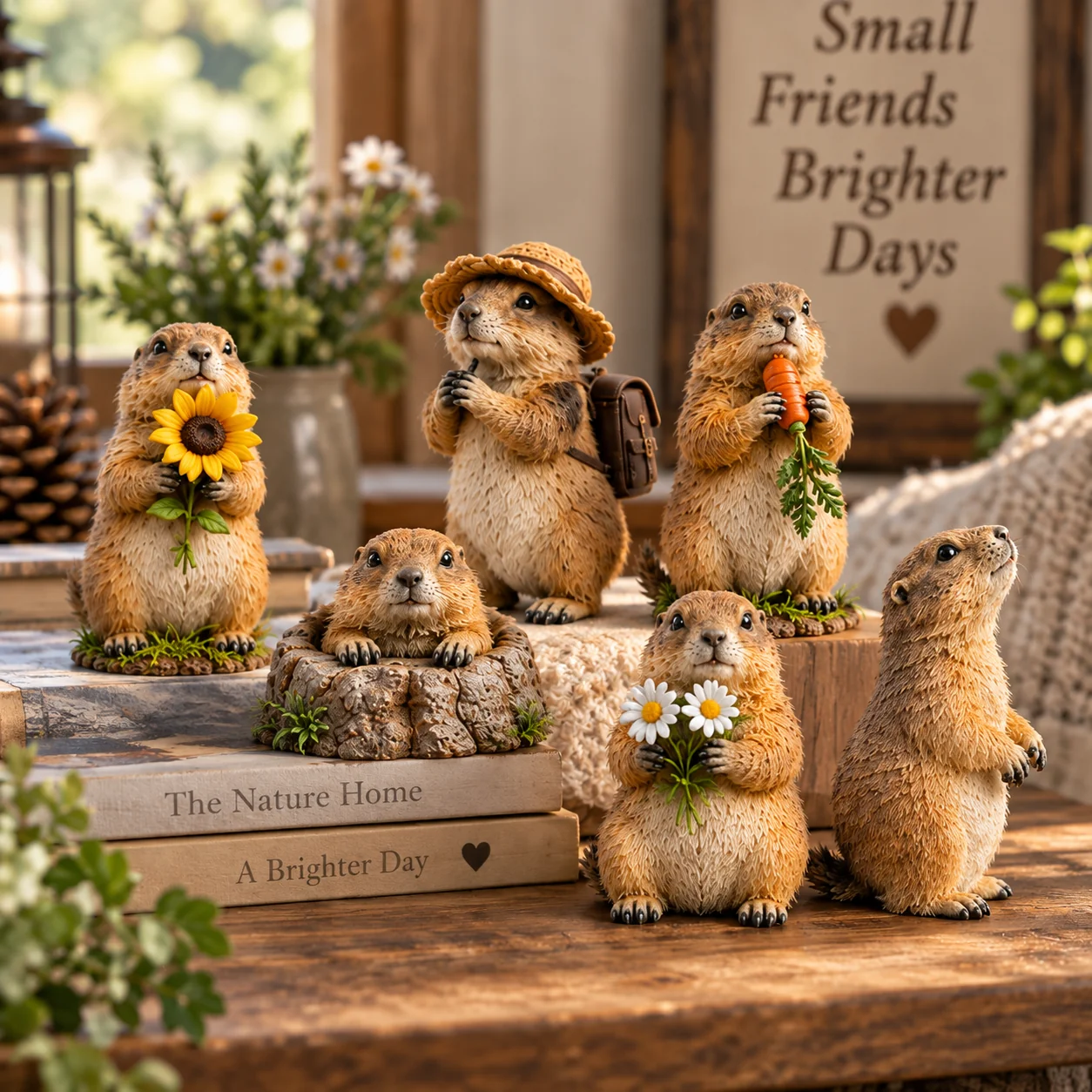 Prairie dog collectible figures displayed around a cozy desk