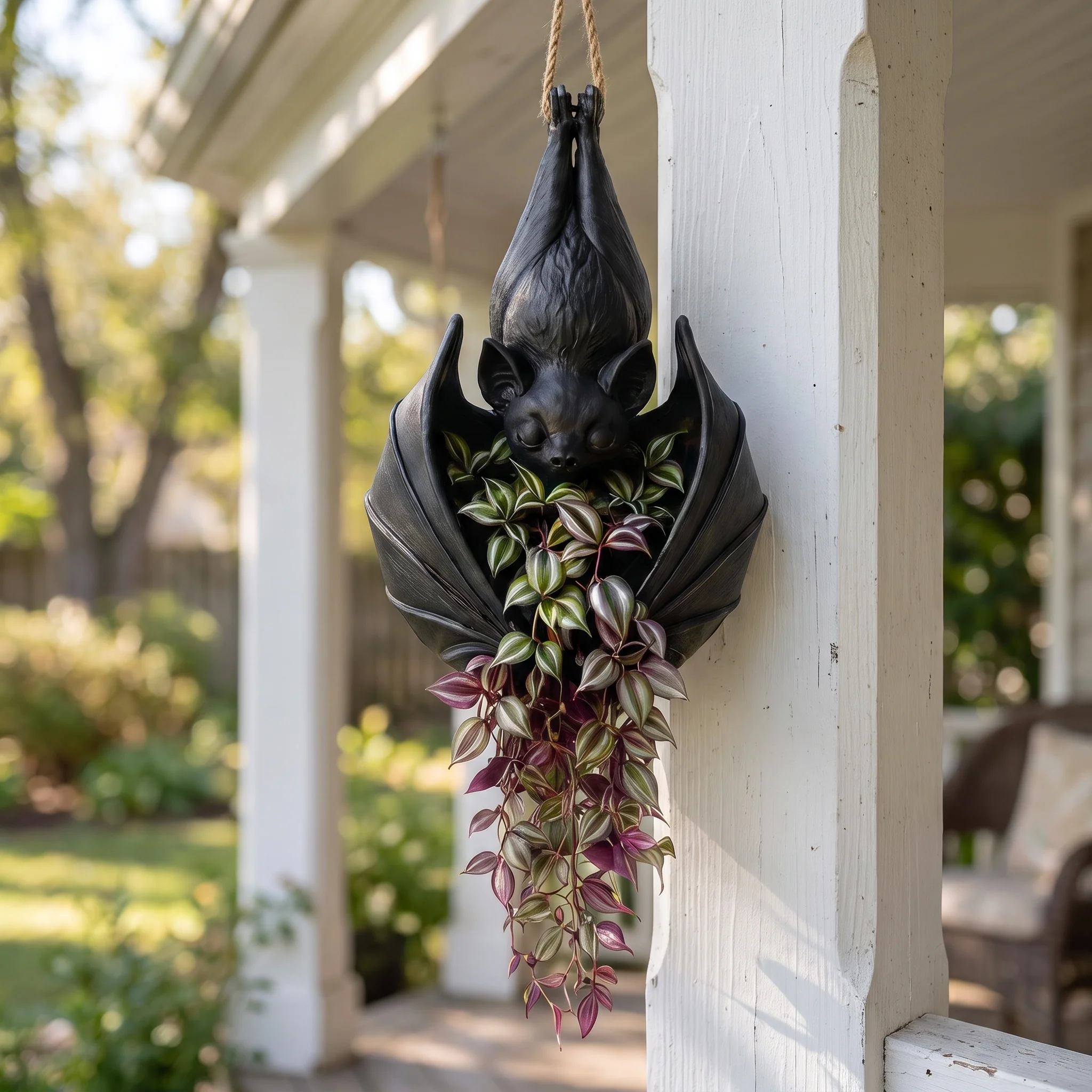 Black hanging bat planter displayed with cascading greenery