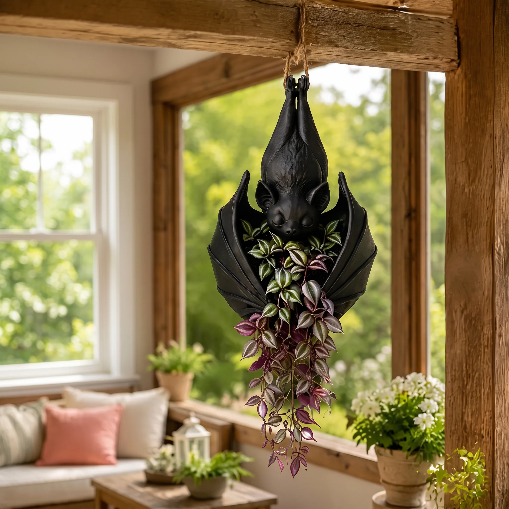Hanging bat planter filled with colorful trailing plants
