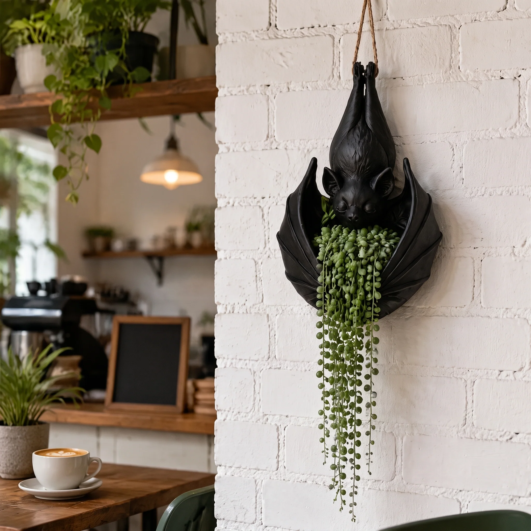 Gothic bat planter displayed against a moonlit wall