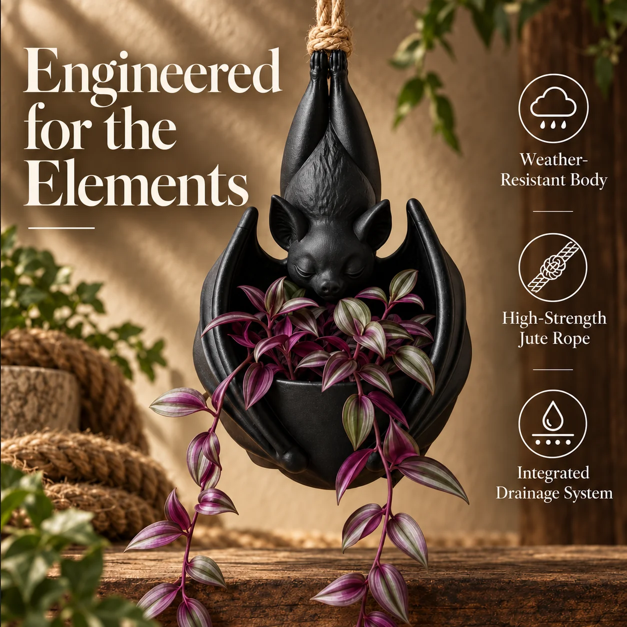 Hanging bat planter with weather-resistant body, rope and drainage details