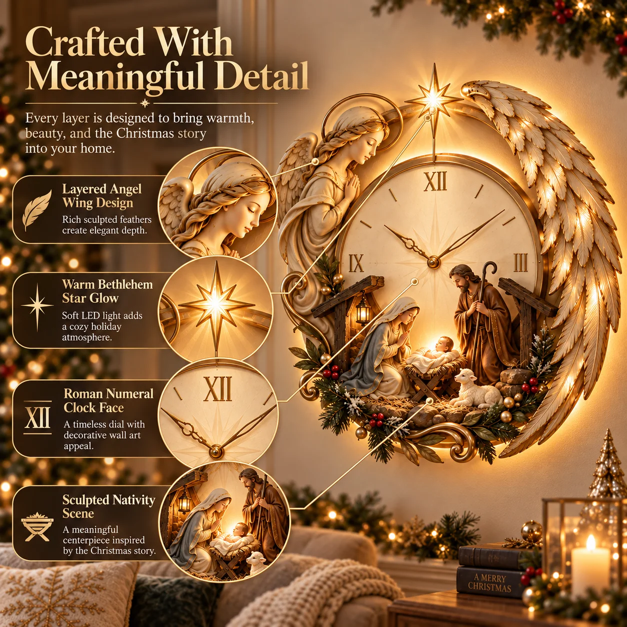 Bethlehem Angel Nativity Glow Clock details