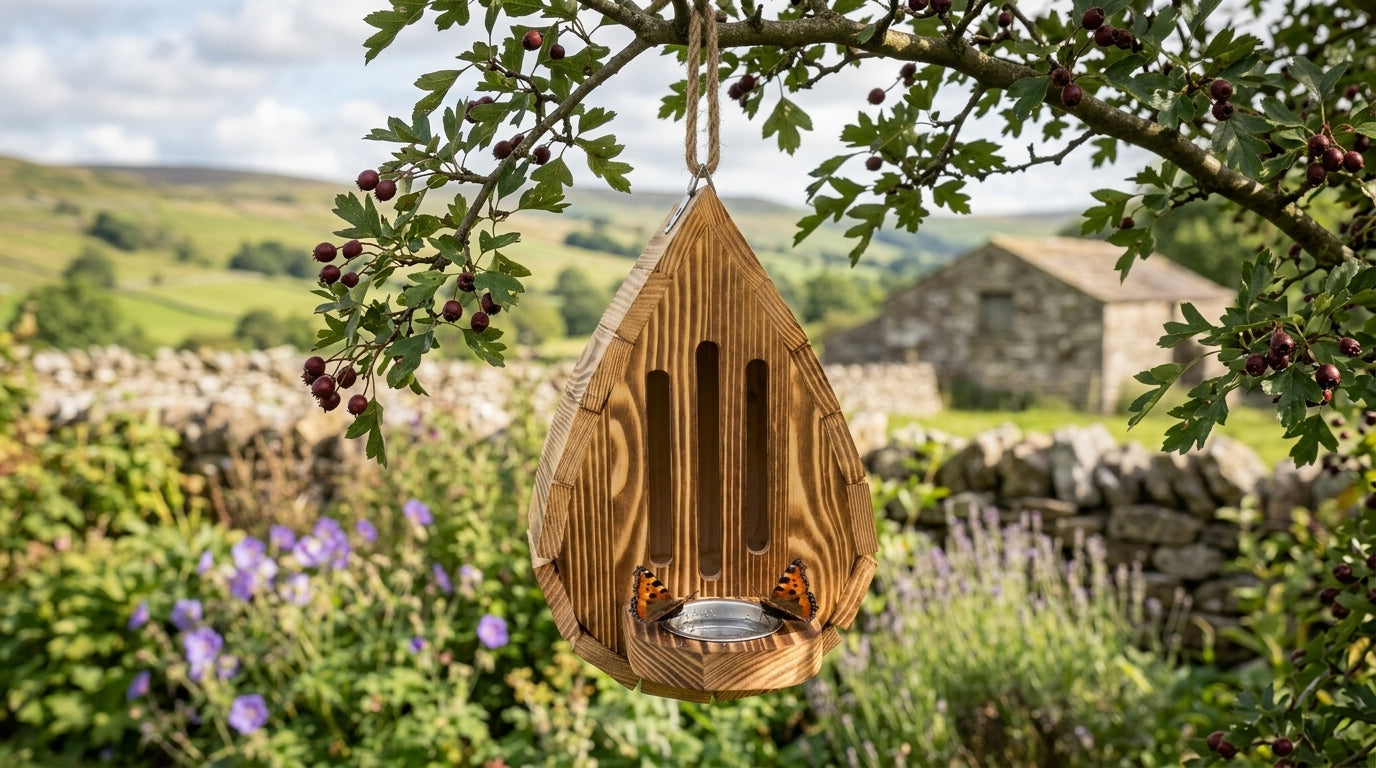 Teardrop butterfly house hanging from oak branch