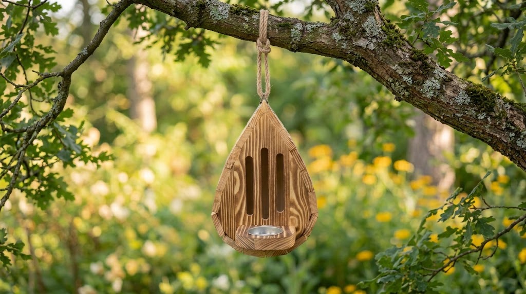 Teardrop house hanging from branch