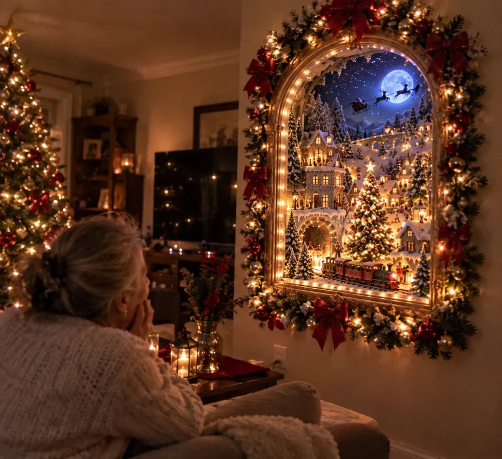A cozy evening beside an illuminated Christmas village wall display