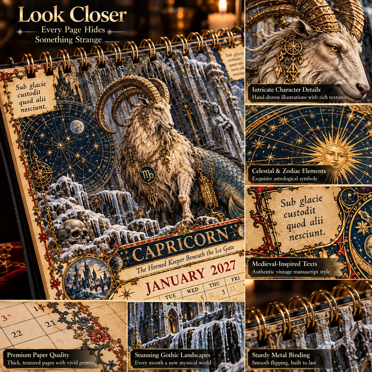 Close-up details of the Zodiac Grimoire Calendar