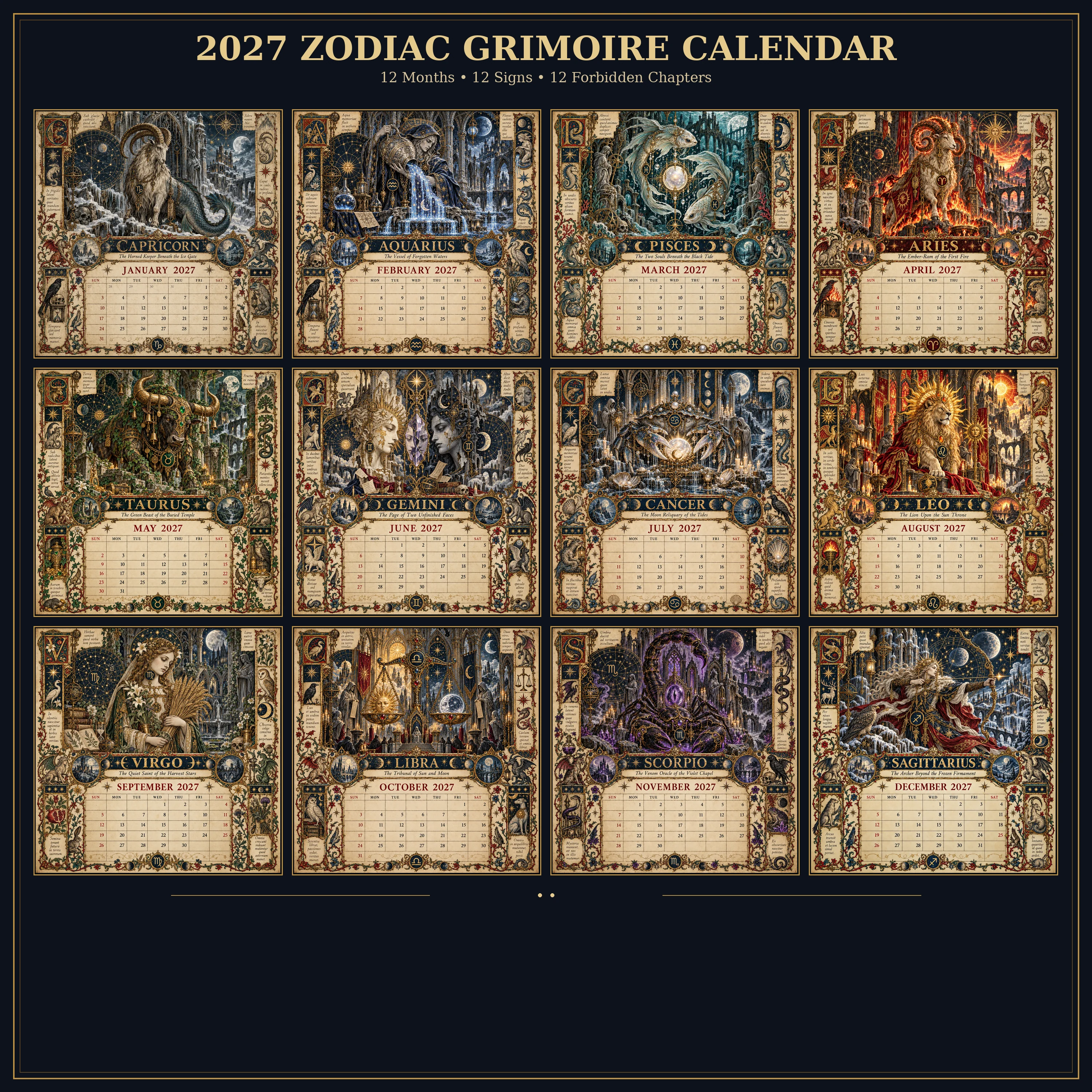 Complete twelve month 2027 Zodiac Grimoire collection