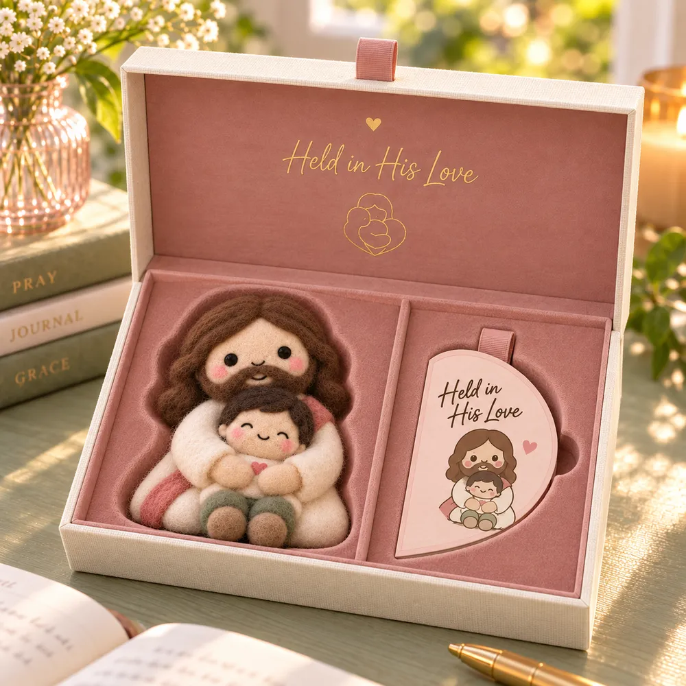 Jesus embracing a little figure alongside a half-heart card in a rose-lined gift box