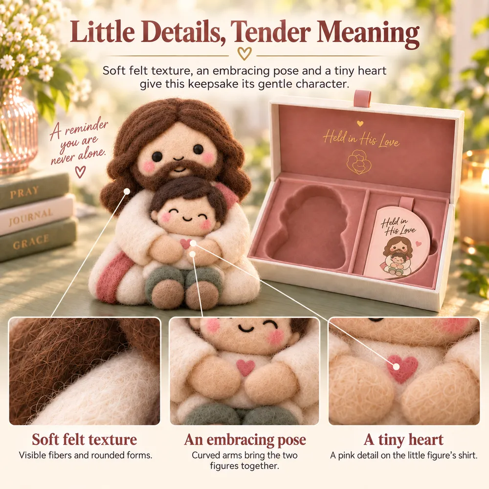 Close views of the Jesus keepsake showing felt fibers, embracing arms and the tiny pink heart