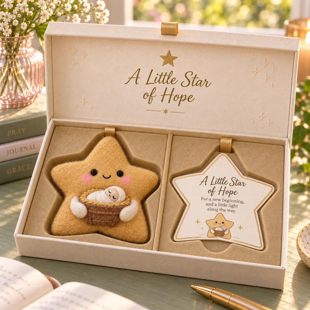 Golden felt star holding baby Jesus in a manger beside a star-shaped card in a gold-lined box