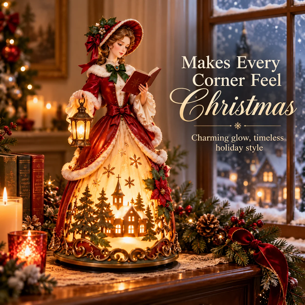 Christmas caroler glowing beside snowy window