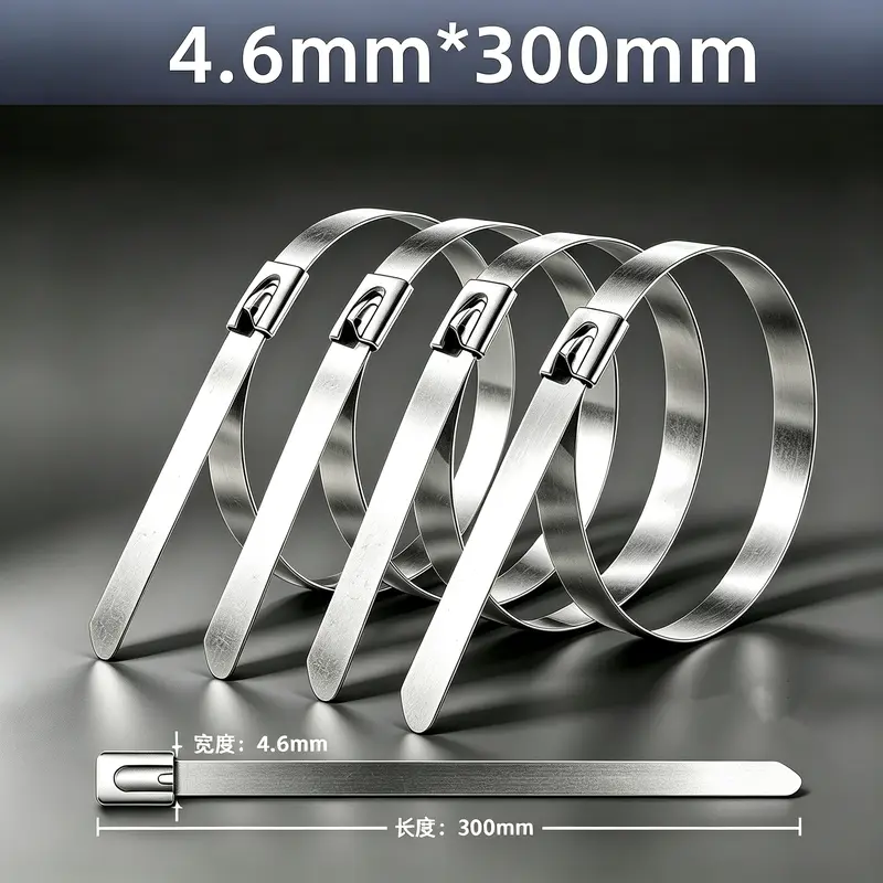 Self-locking metal cable tie design and dimensions