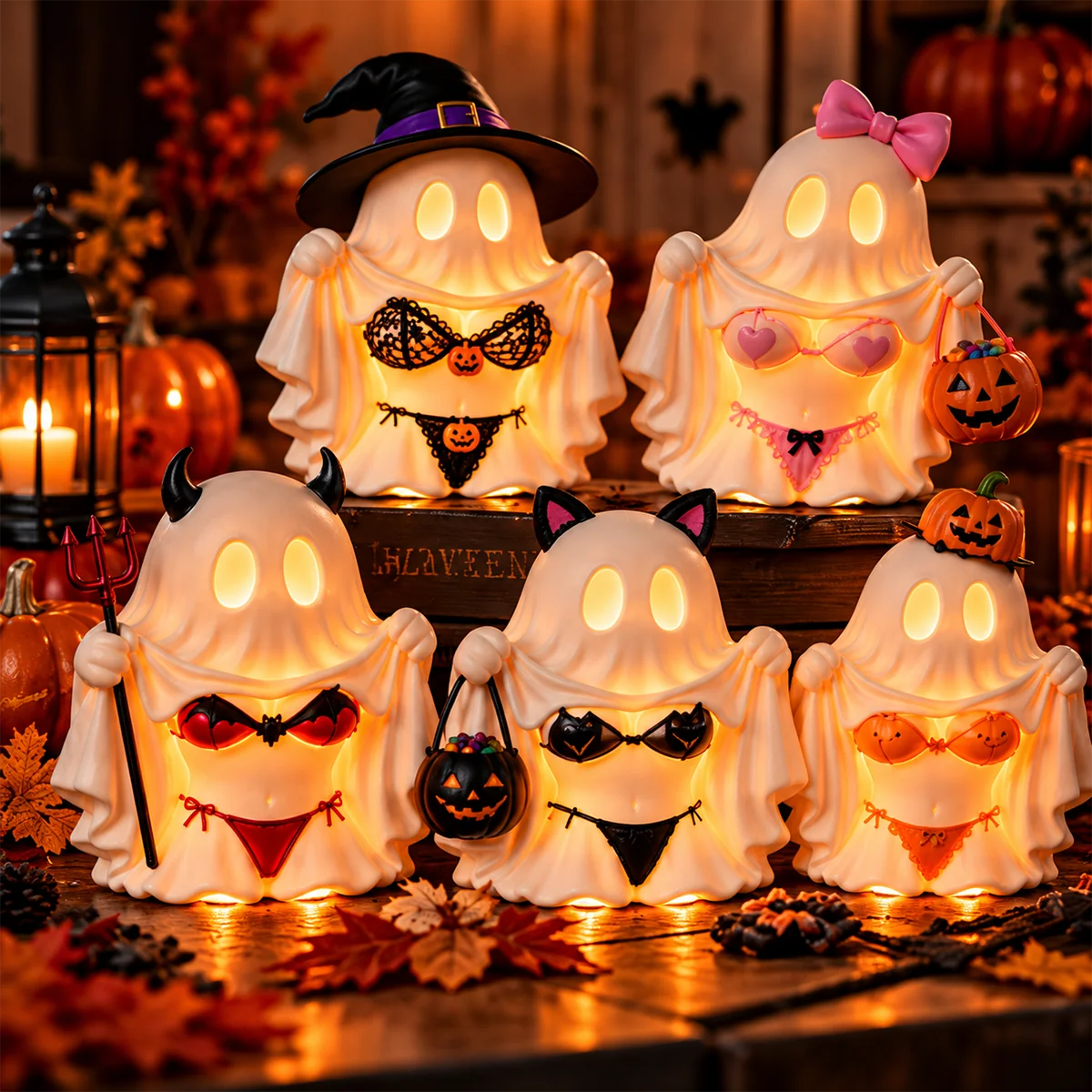 Funny glowing Halloween ghost decorations in five styles