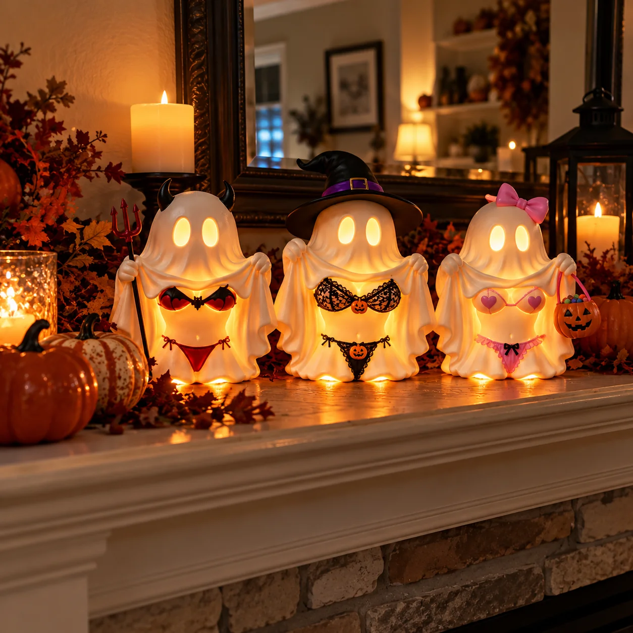 Three glowing Halloween ghost decorations on fireplace mantel