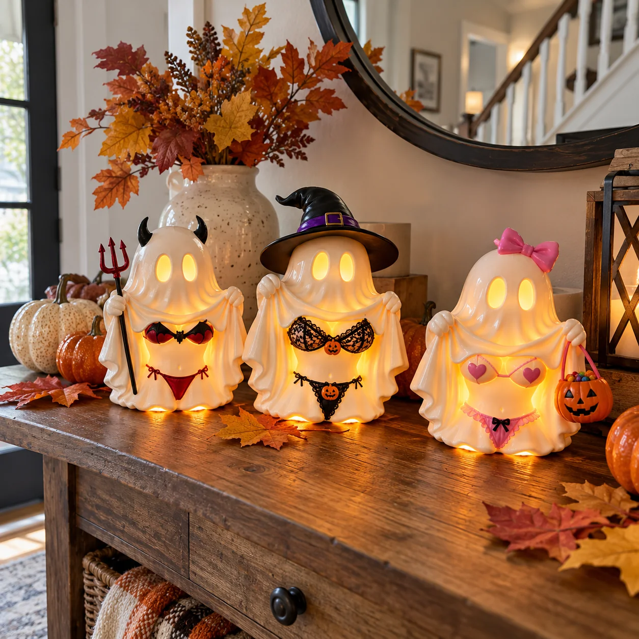 Three Halloween ghost lights on entryway console table