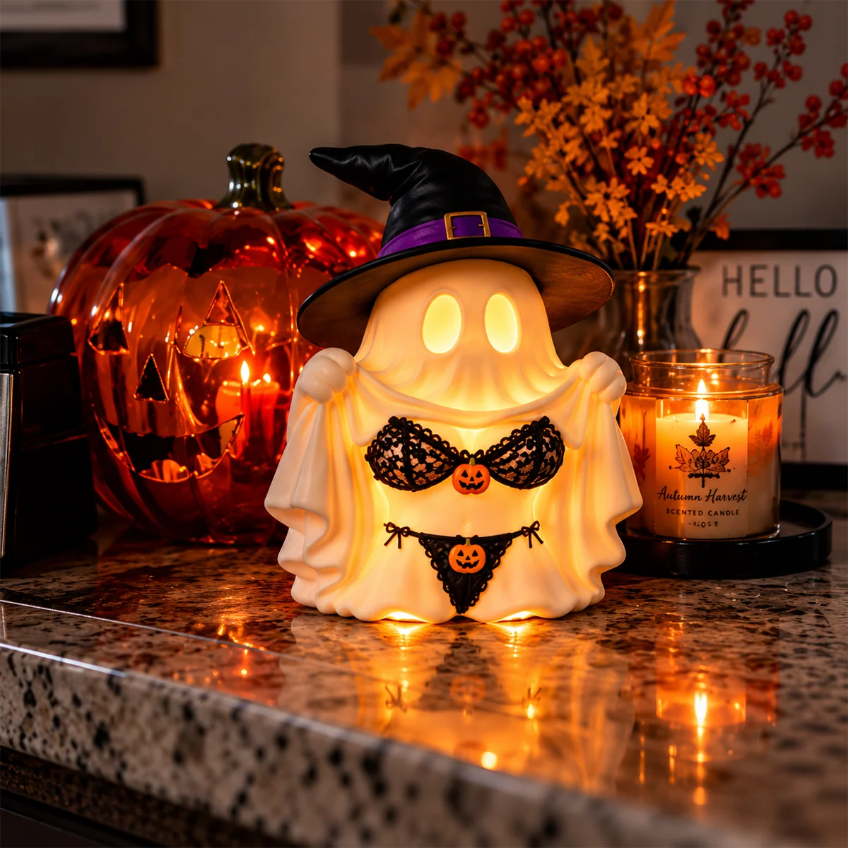 Witch ghost Halloween light on kitchen countertop