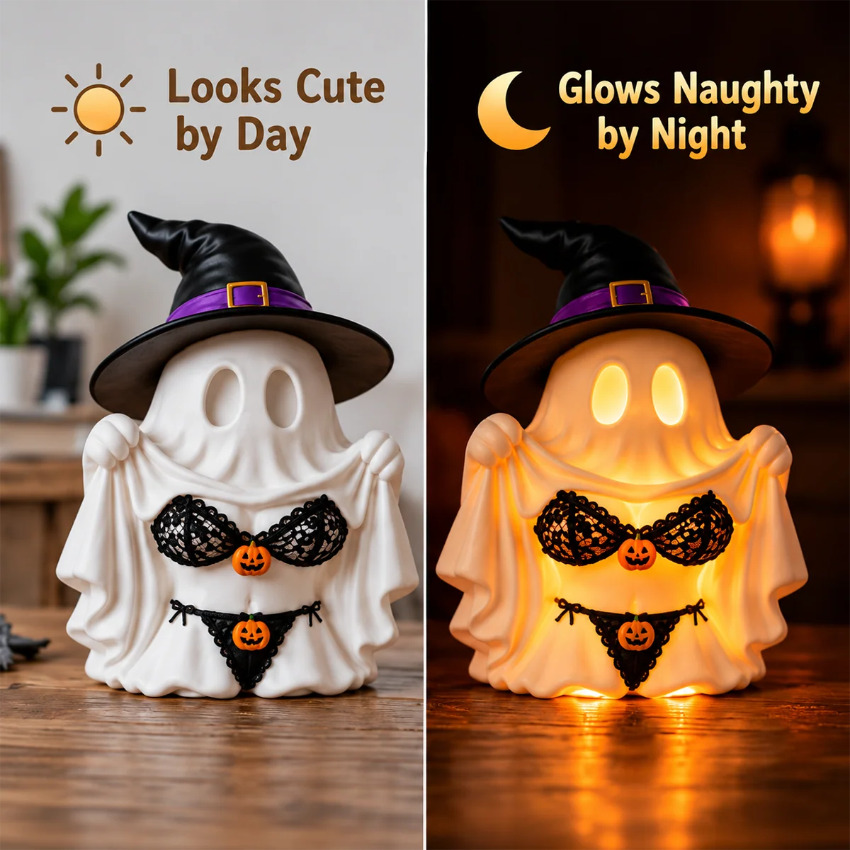 Halloween ghost decoration during daytime and glowing at night