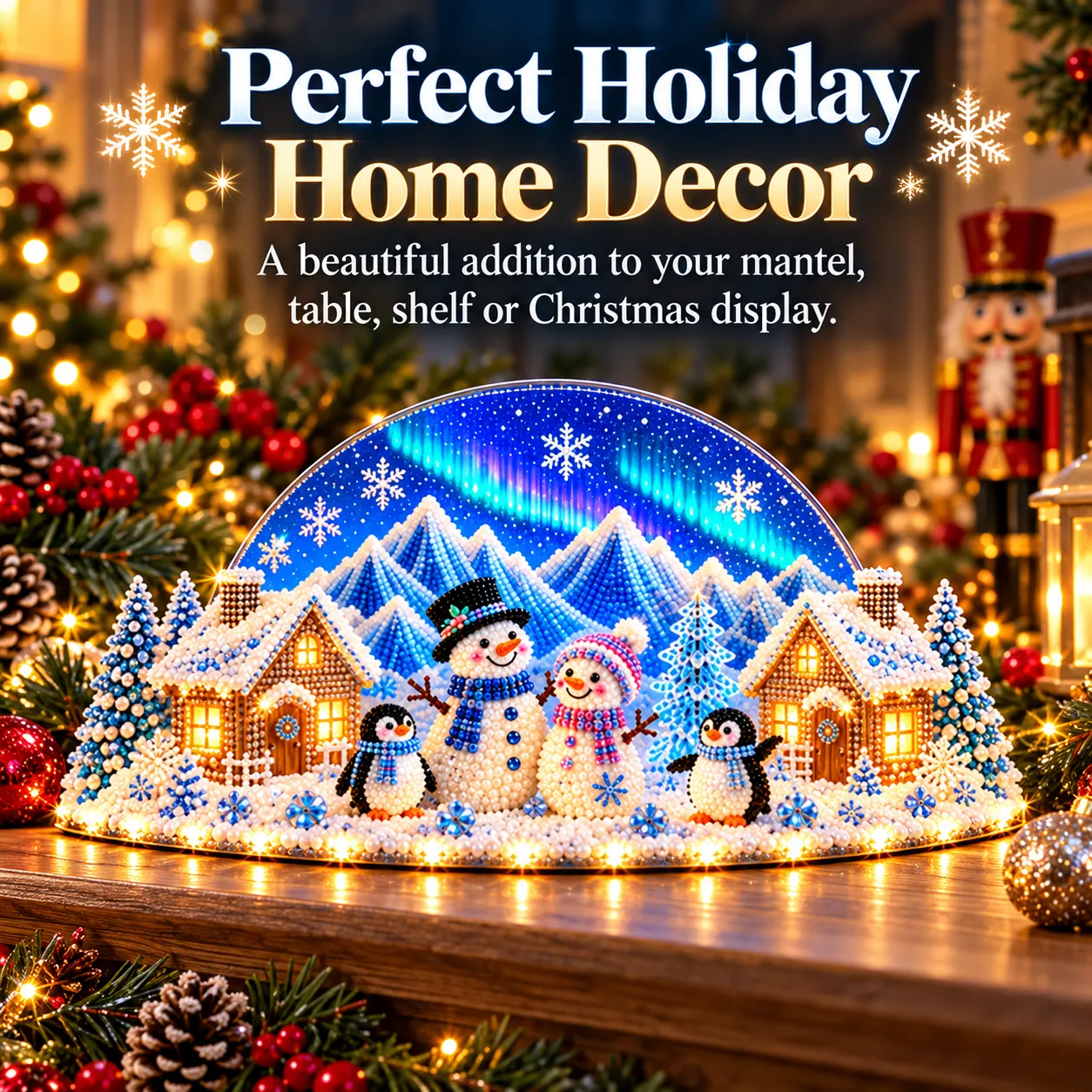 Finished winter village displayed as indoor Christmas decor among greenery and warm seasonal accents