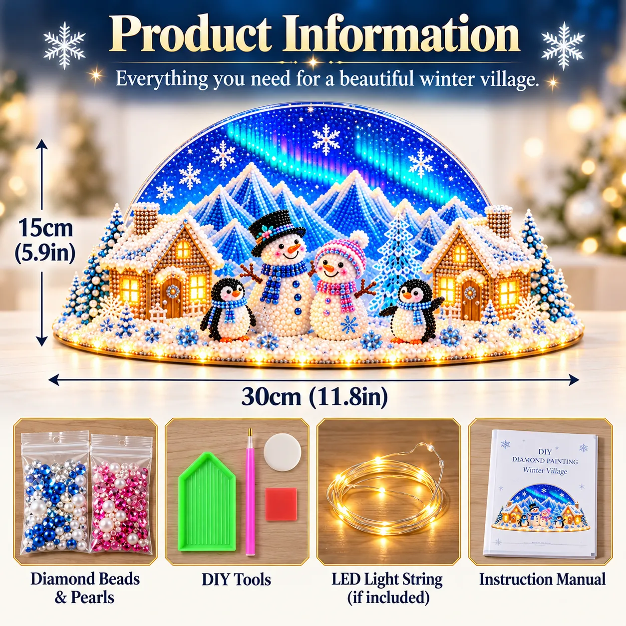 Product diagram listing 30 cm width and 15 cm height, with rhinestones, beads, craft tools, instructions and optional light string pictured