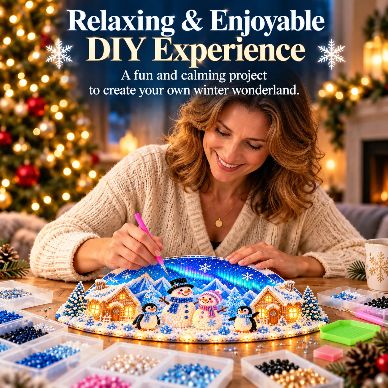Crafting scene showing rhinestones being applied to the winter village at a table