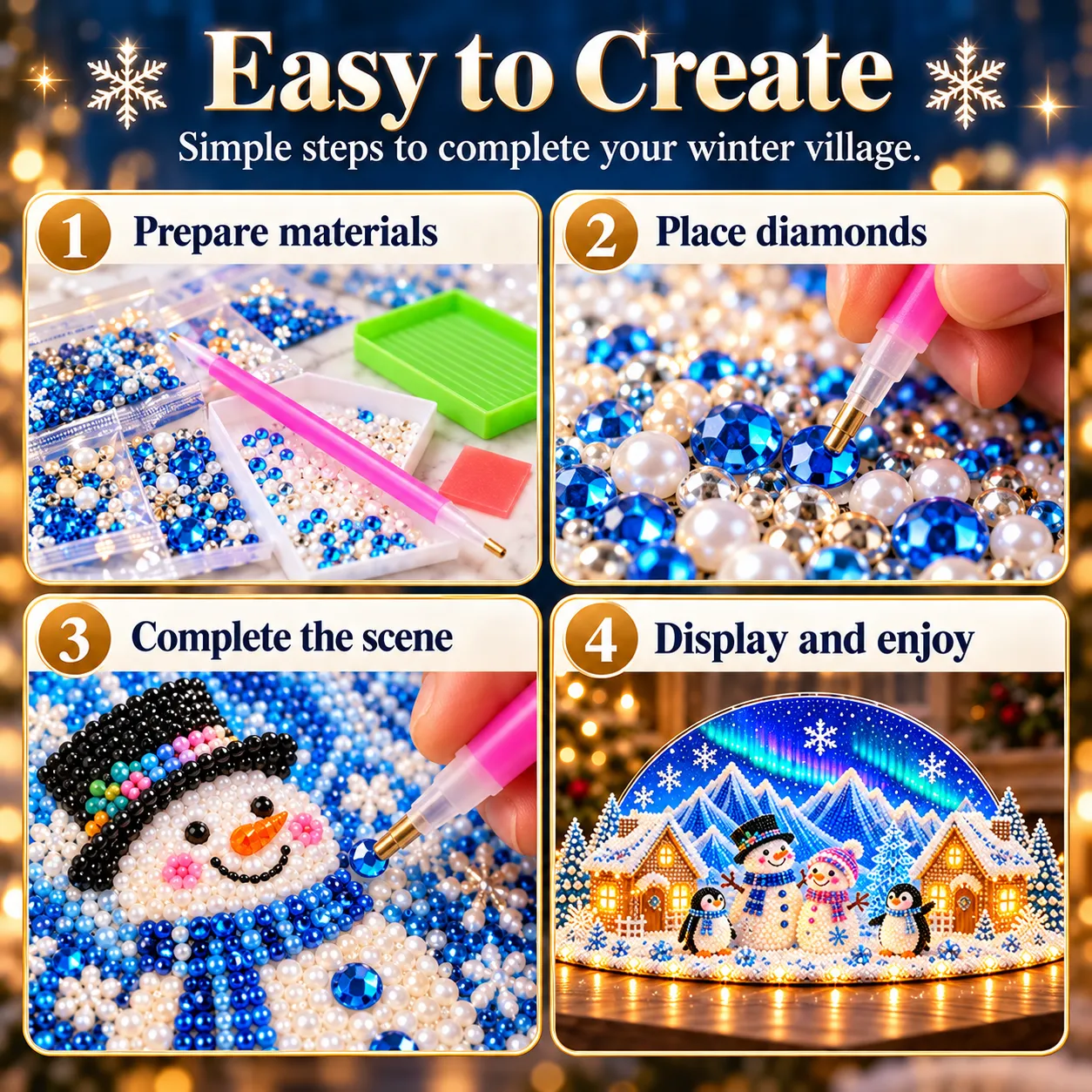 Four illustrated DIY stages: prepare materials, place rhinestones, complete the scene, then display