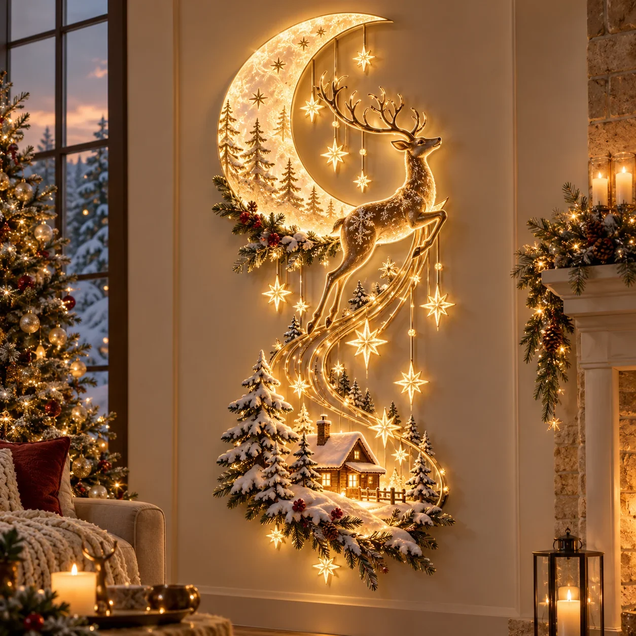 Reindeer Under the Stars Christmas wall décor with crescent moon, reindeer, and snowy cabin