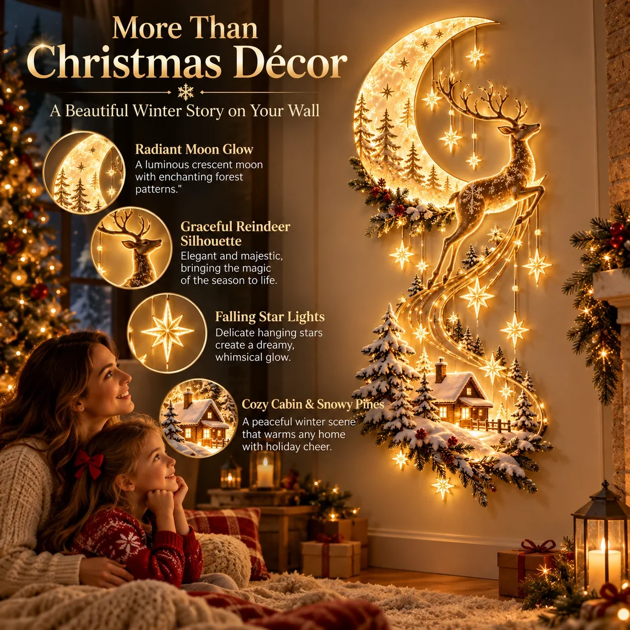 Reindeer Under the Stars detail overview with moon, reindeer, stars, and Christmas cabin