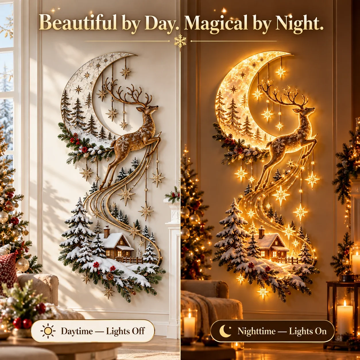 Reindeer Under the Stars by day and night