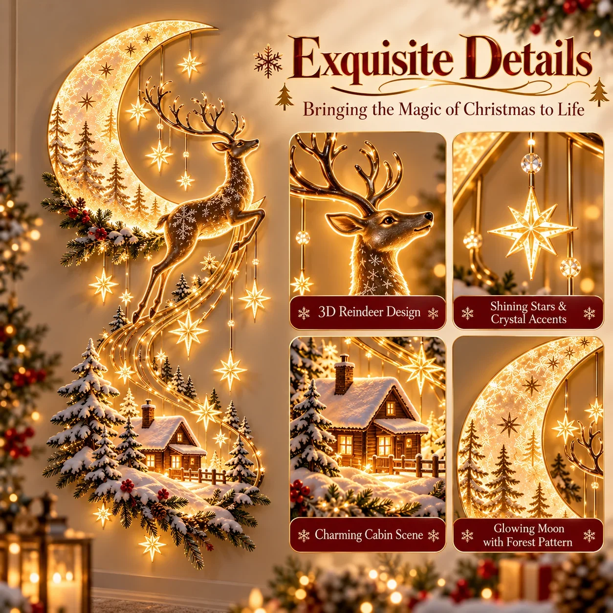 Detailed view of reindeer, stars, moon, and snow-covered cabin