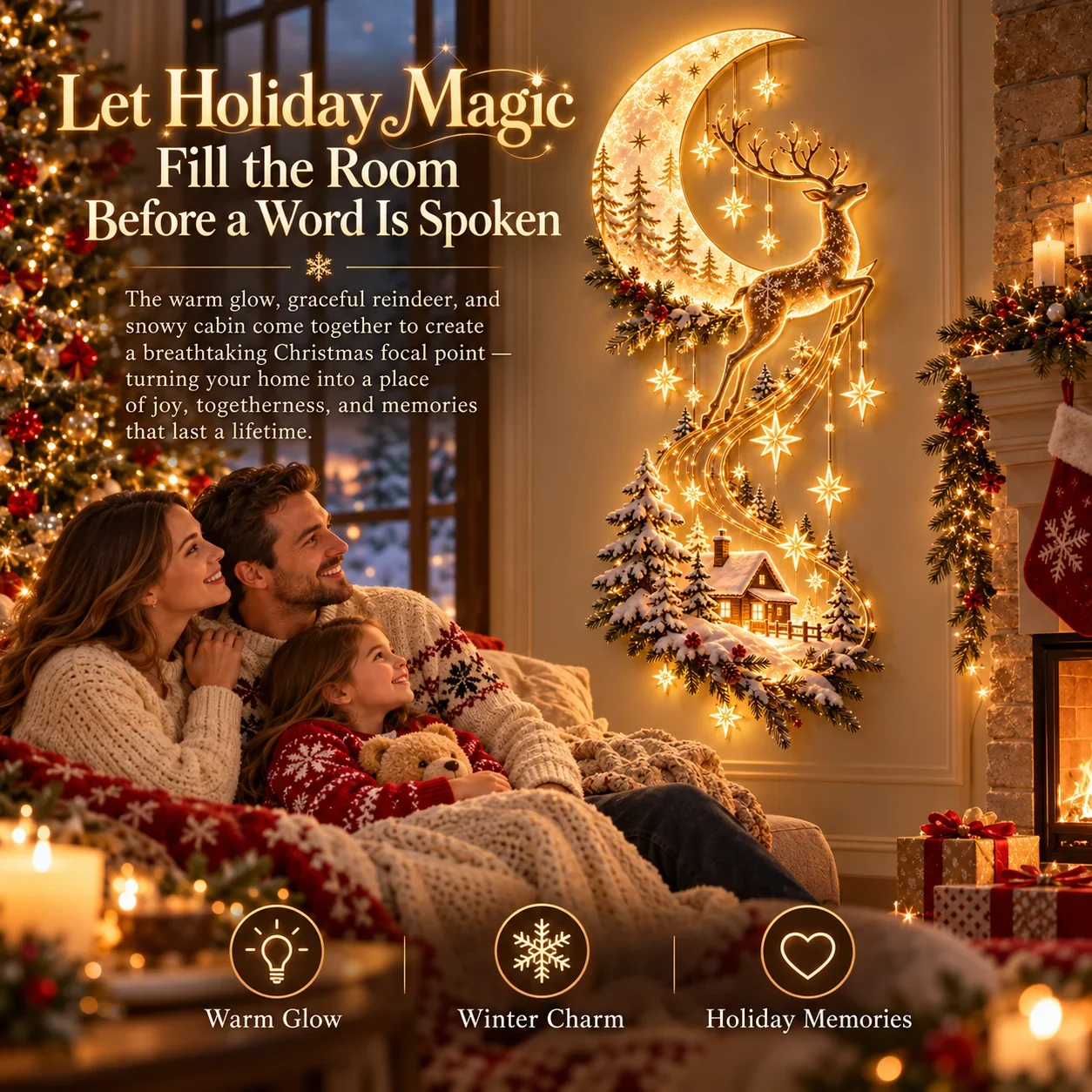 Family beside the illuminated Reindeer Under the Stars Christmas decoration
