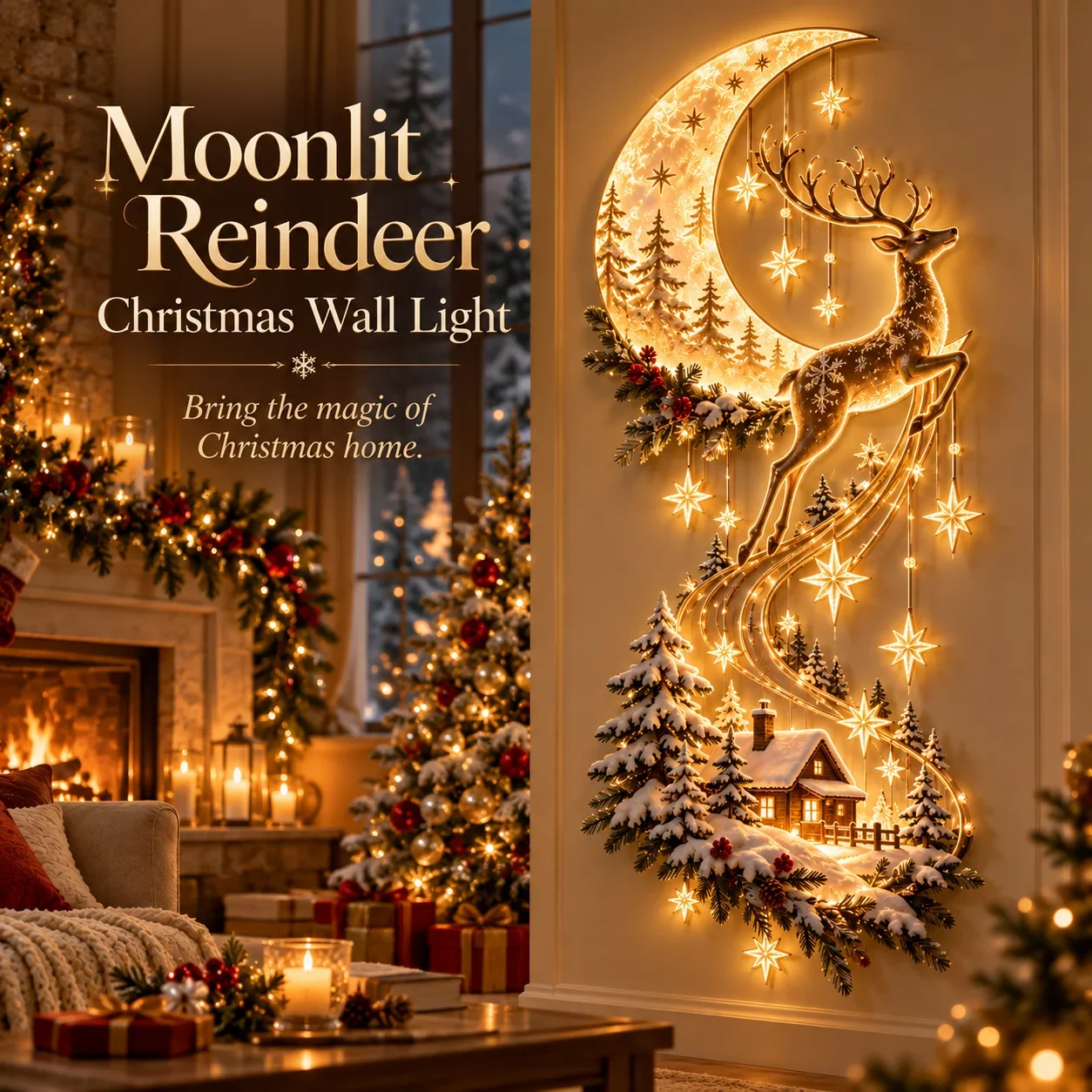 Moonlit Reindeer Christmas wall decoration in a cozy living room