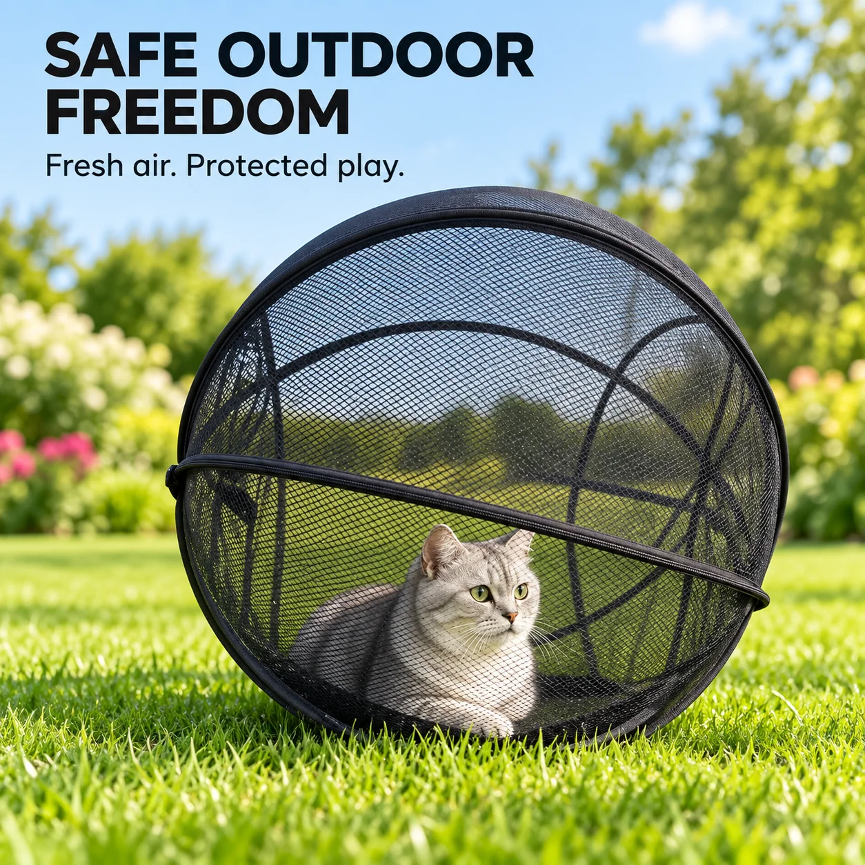 Cat relaxing inside a roomy pop up mesh playpen