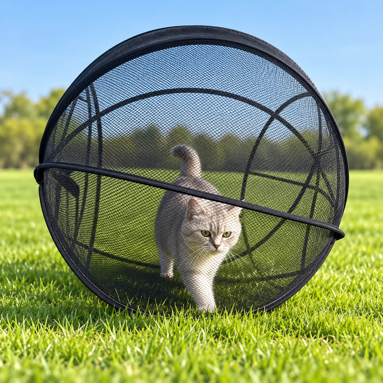 Cat enjoying supervised outdoor time in a pop up playpen