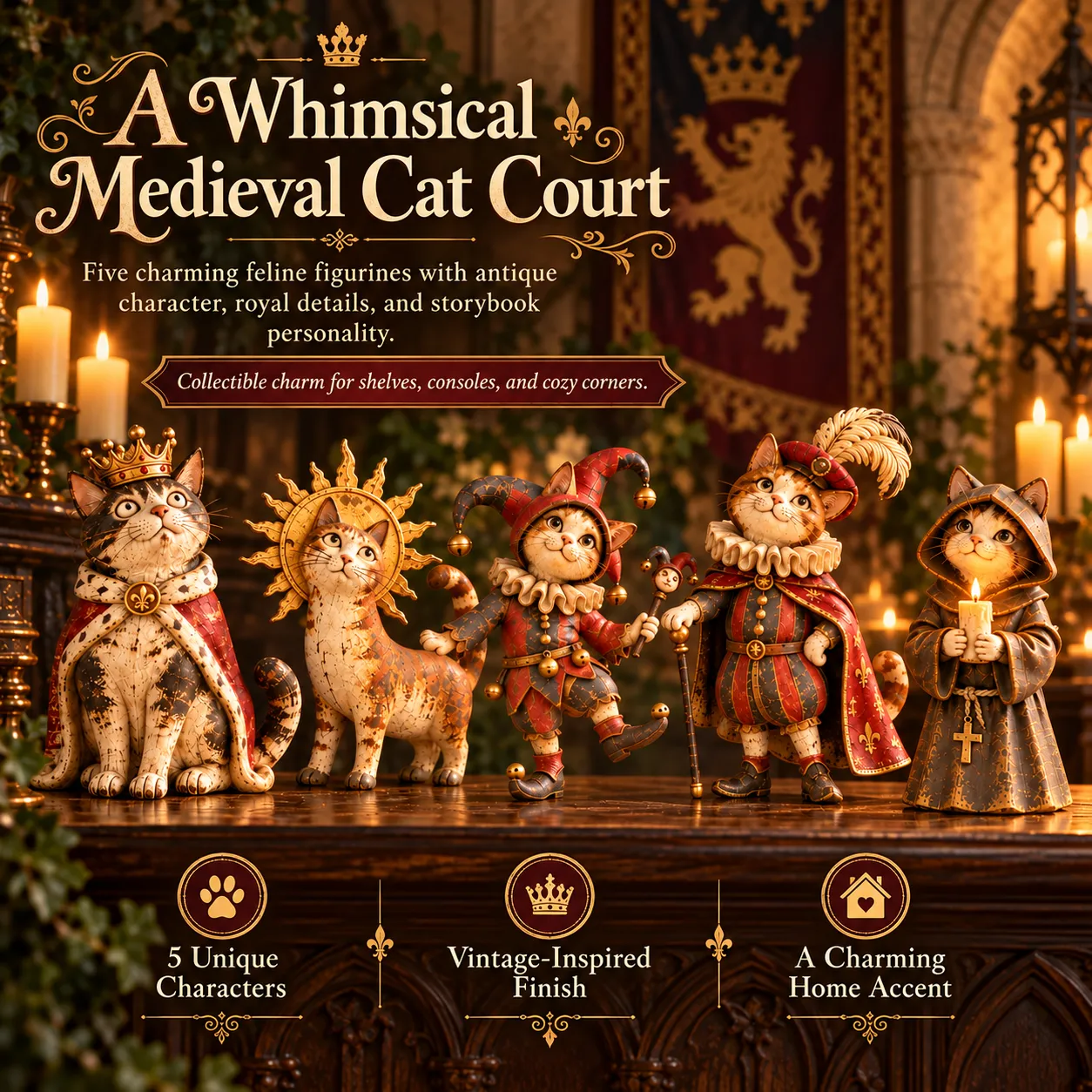 Five medieval cat figurines